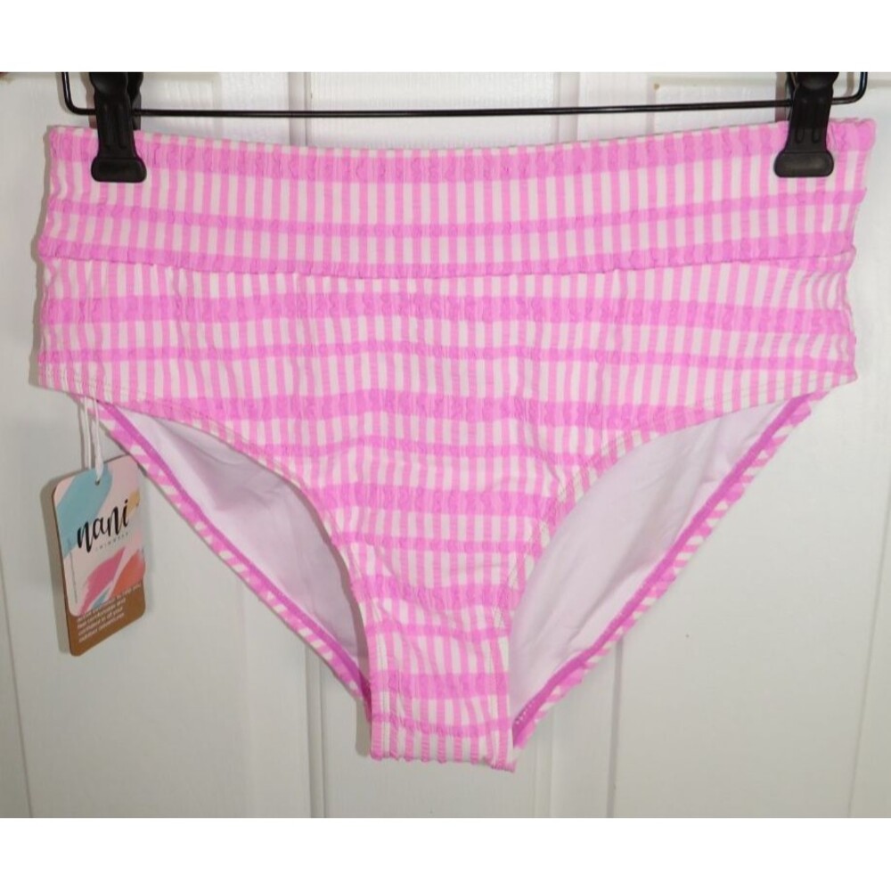 NWT Nani Swimwear Women's Pink Lemonade Gingham Mid Rise Bottom Medium UPF 50+